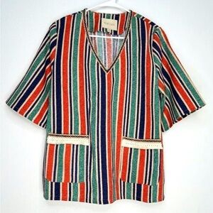 Moon River Anthropologie Multicolor Striped Embroidered Tunic Top Blouse Medium